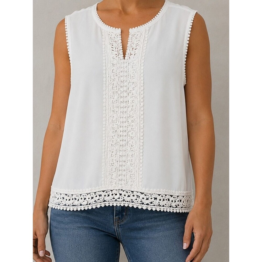 Adrianna Papell White Lace Trim Sleeveless Blouse Sz M Crochet Detail Top Sheer